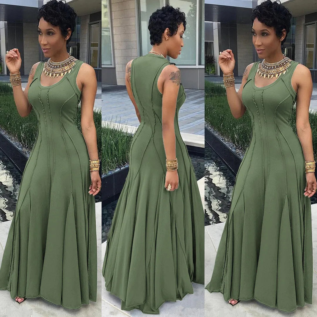 Scoop Sleeveless Solid High-waist Pleated Long Dress