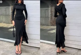 Shein Women's Elegant Black Asymmetrical Ruffle Slim Pleated Long Dress, L  