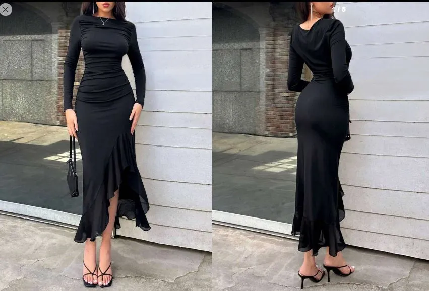 Shein Women's Elegant Black Asymmetrical Ruffle Slim Pleated Long Dress, L  