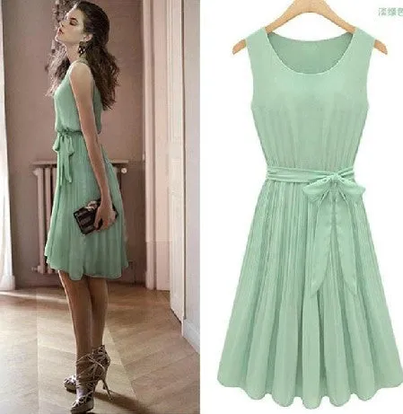 Sleeveless Pleated Knee-length Tank Chiffon Dress