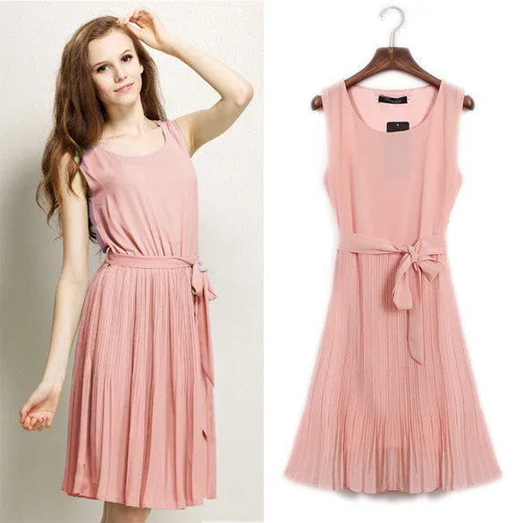 Sleeveless Pleated Knee-length Tank Chiffon Dress