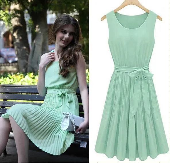 Sleeveless Pleated Knee-length Tank Chiffon Dress