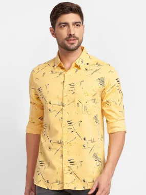 Spykar Chrome Yellow Cotton Full Sleeve Printed Shirt For Men
