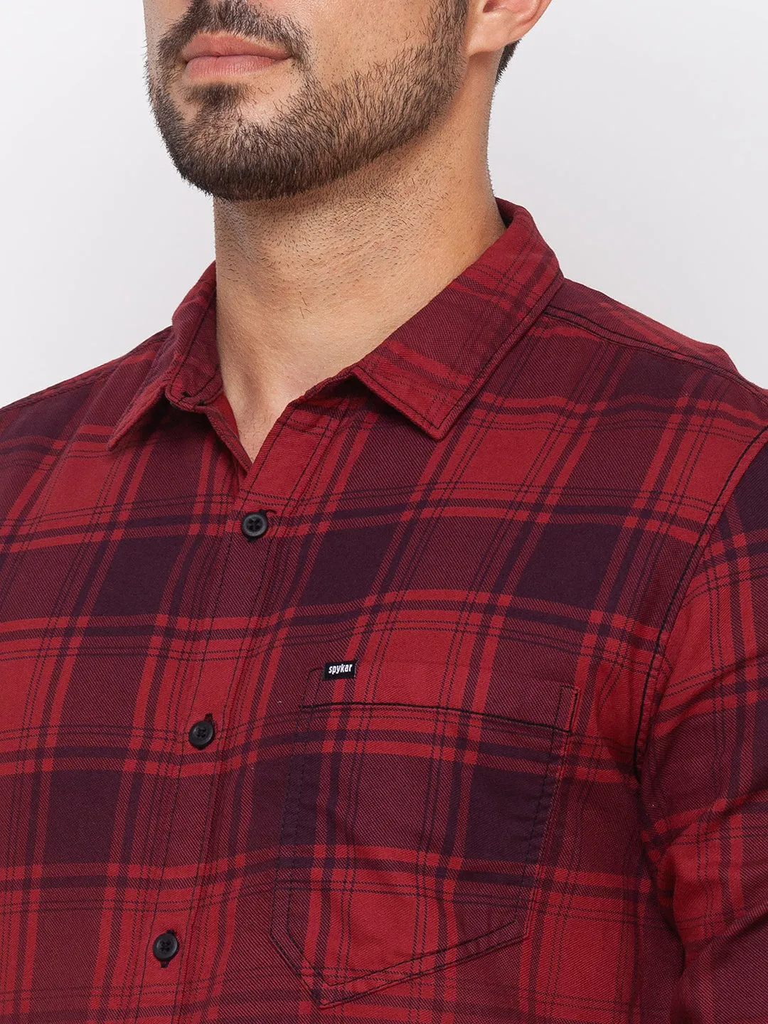Spykar Deep Red Cotton Full Sleeve Checks Shirt For Men