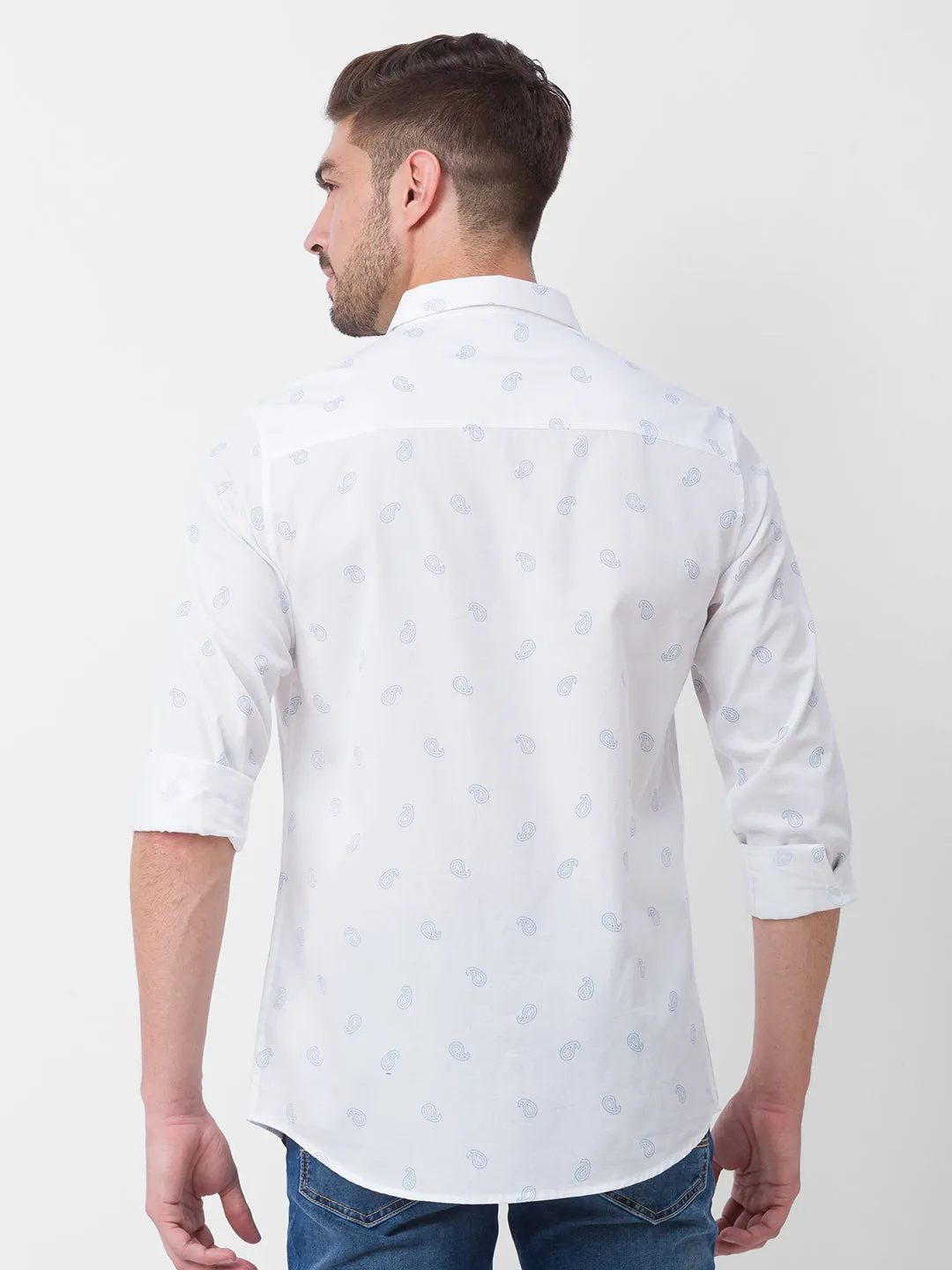 Spykar White Cotton Full Sleeve Printed Shirt For Men