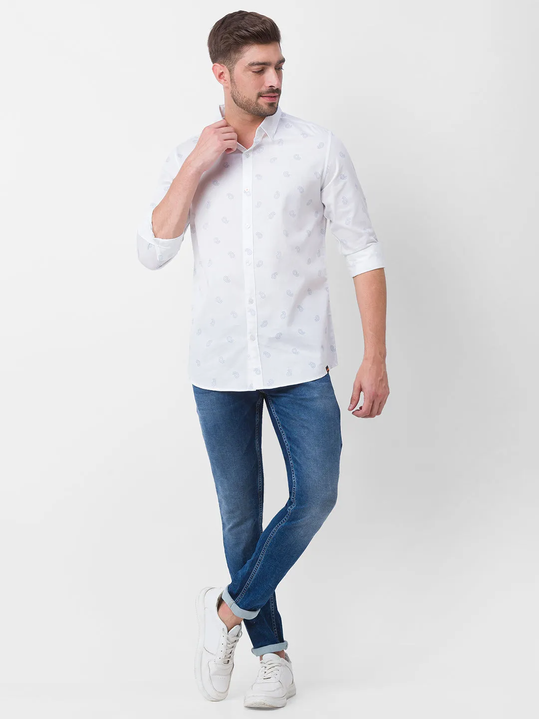 Spykar White Cotton Full Sleeve Printed Shirt For Men