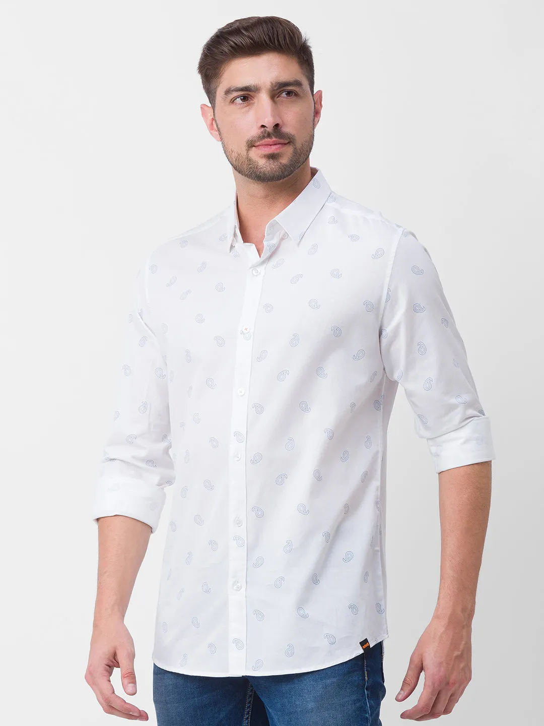 Spykar White Cotton Full Sleeve Printed Shirt For Men