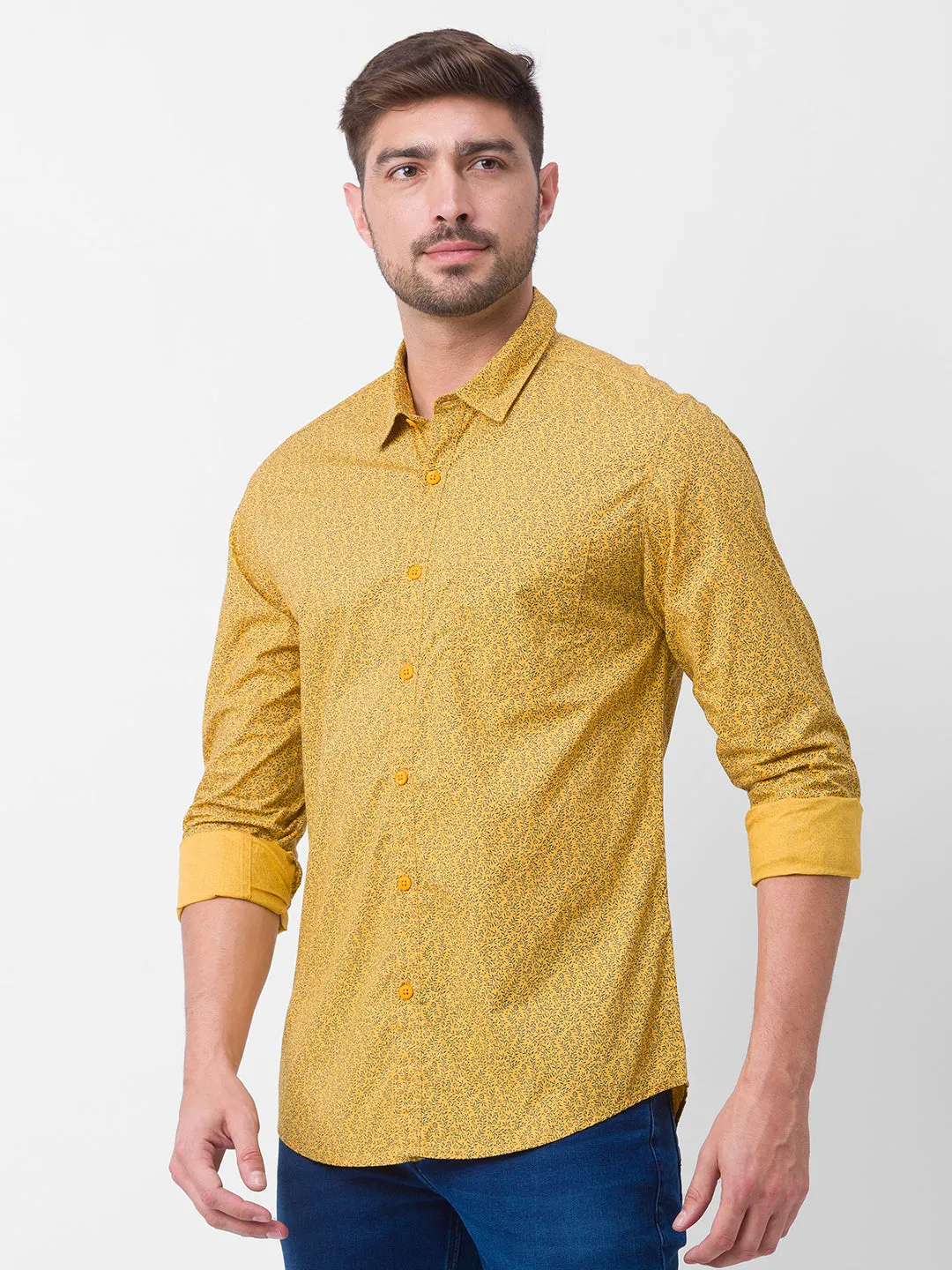Spykar Yellow Cotton Full Sleeve Printed Shirt For Men