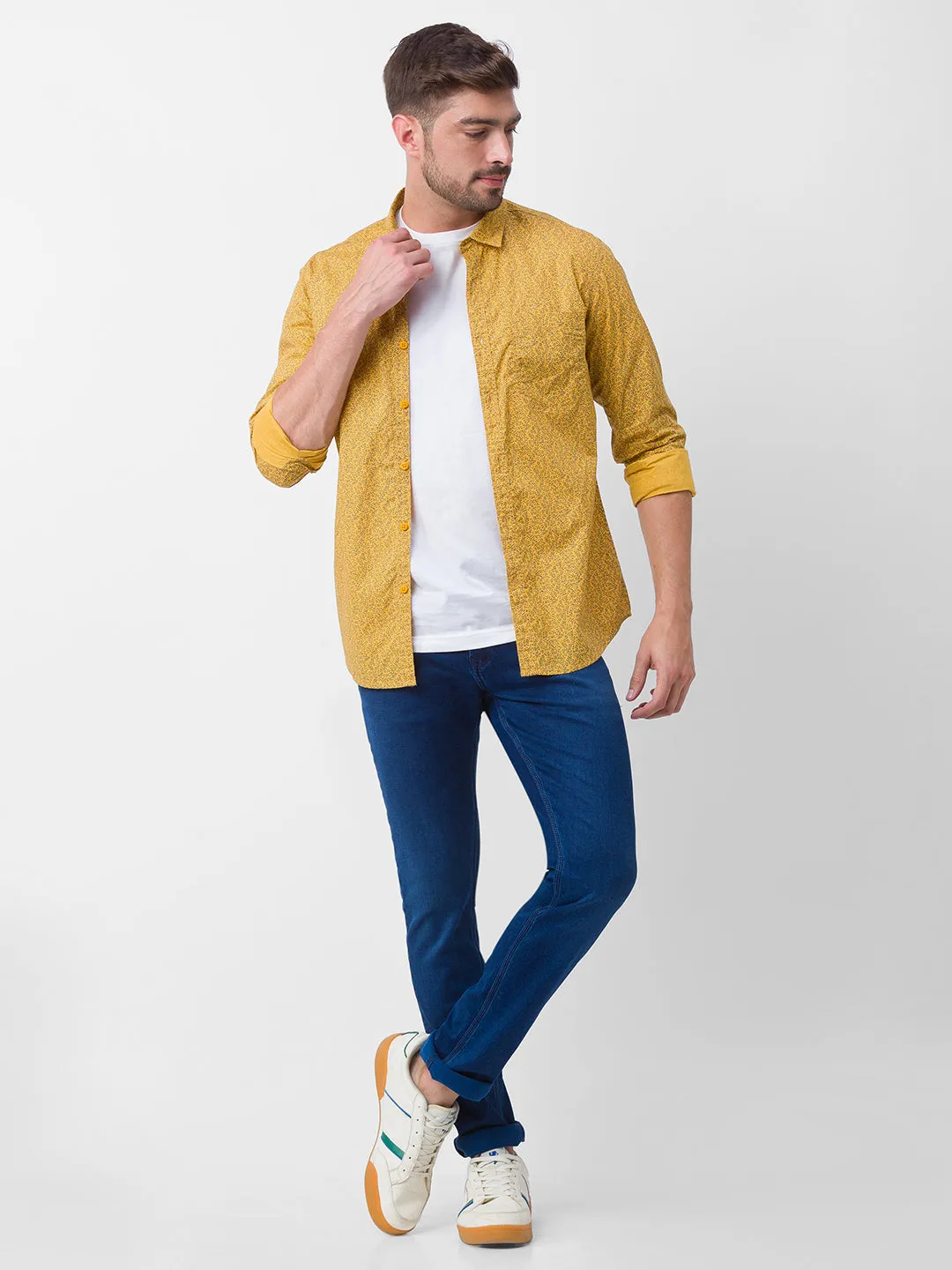 Spykar Yellow Cotton Full Sleeve Printed Shirt For Men