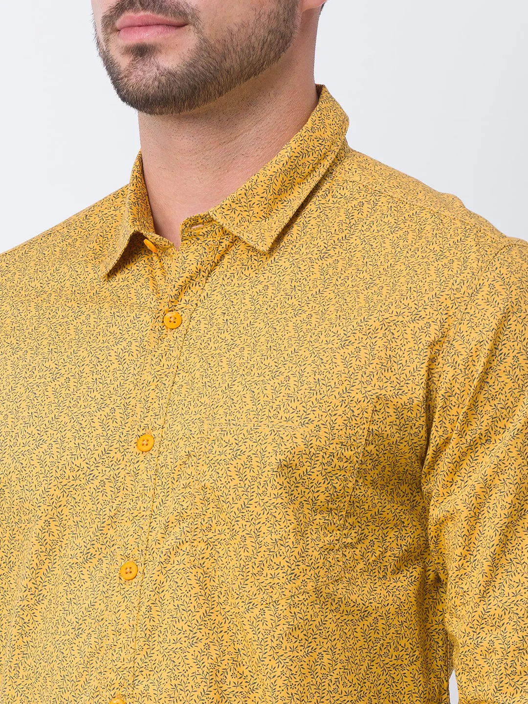 Spykar Yellow Cotton Full Sleeve Printed Shirt For Men