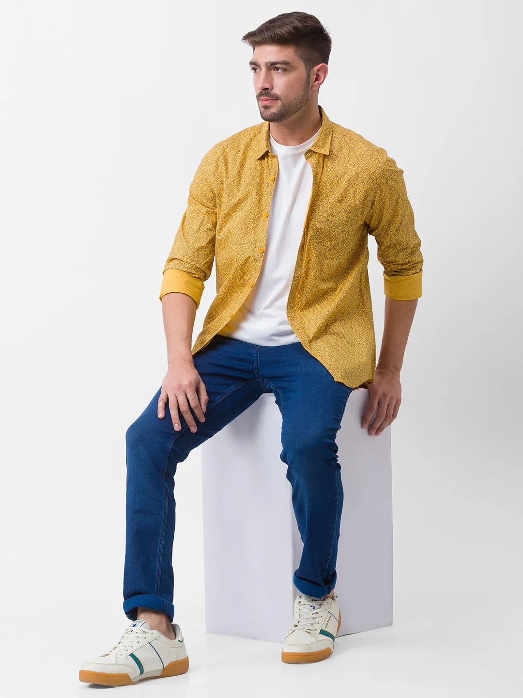 Spykar Yellow Cotton Full Sleeve Printed Shirt For Men