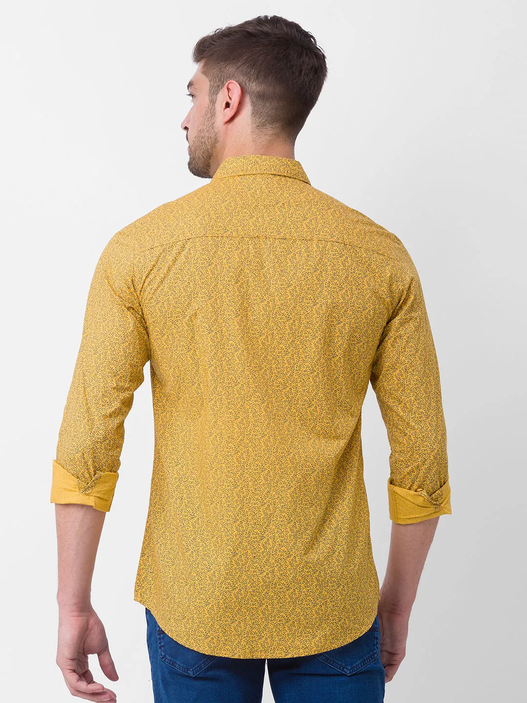 Spykar Yellow Cotton Full Sleeve Printed Shirt For Men