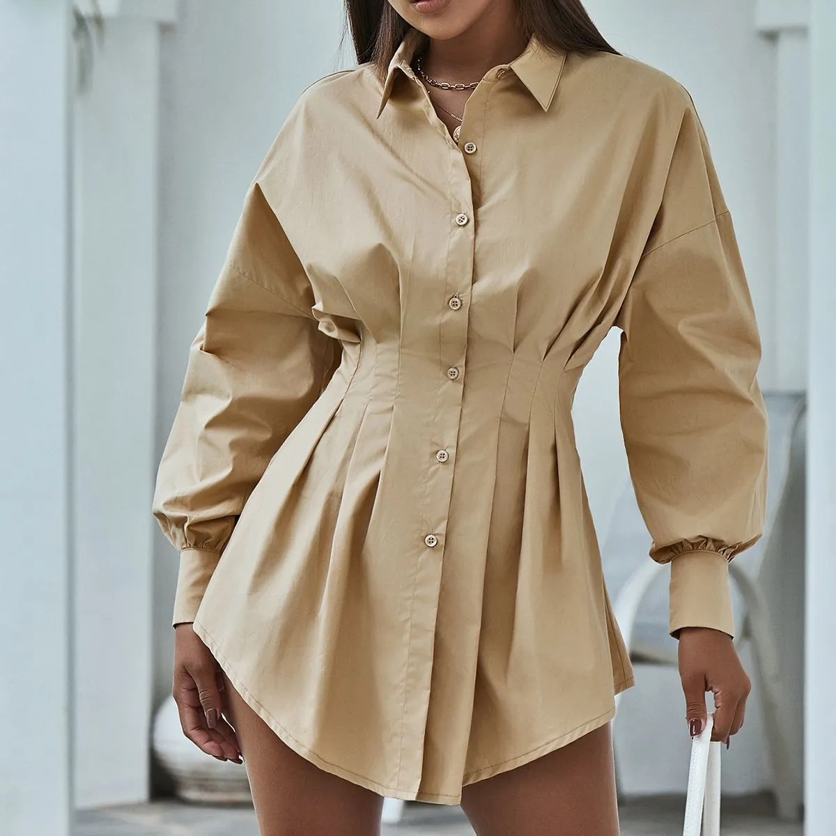 Stylish Waist Pleated Shirt Dress