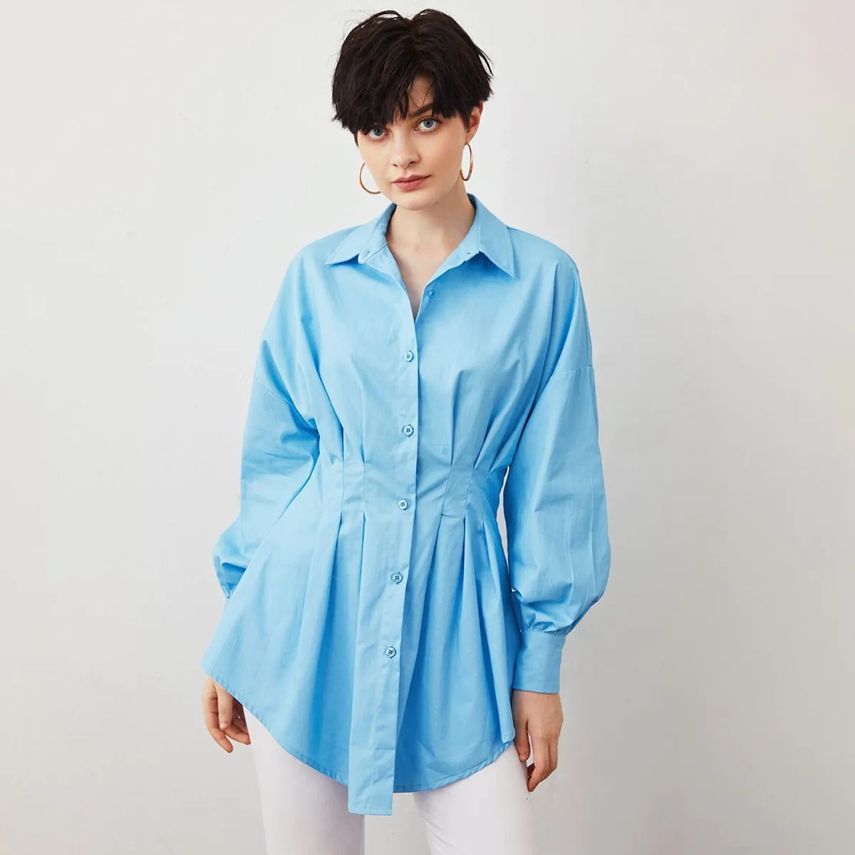 Stylish Waist Pleated Shirt Dress