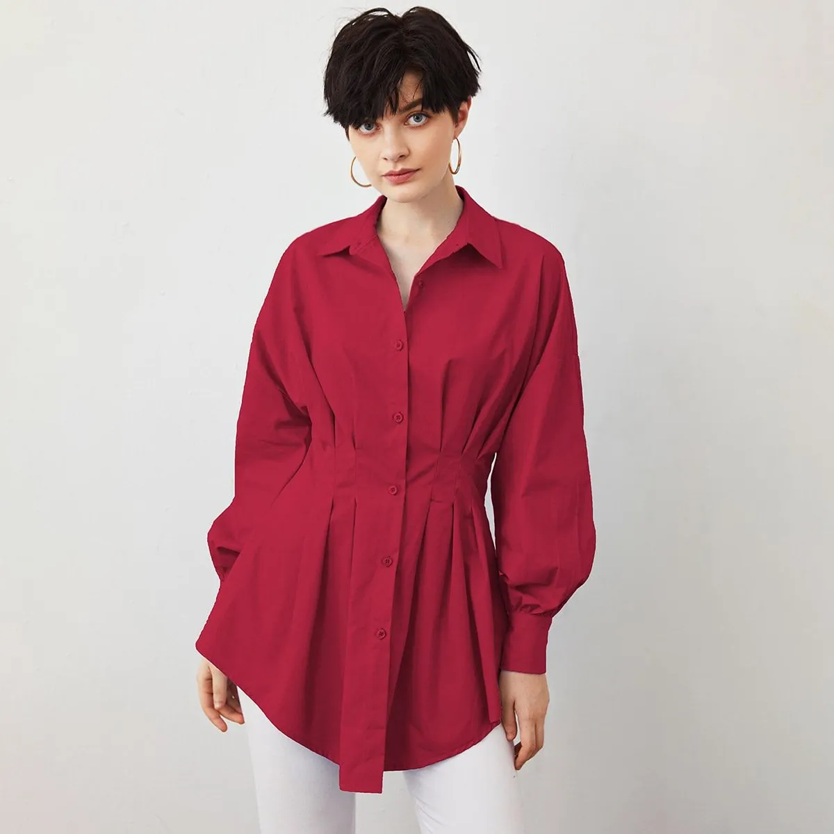Stylish Waist Pleated Shirt Dress