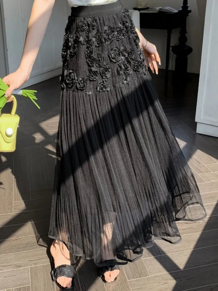 TAVIMART  -  Midi Long Skirt Women Mesh Skirt 2024 Goth Sweet Spring Summer High Waisted  A-Line Solid Floral Pleated Skirts rok