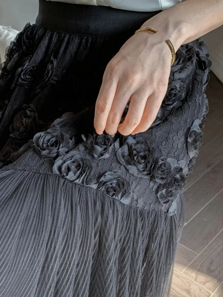 TAVIMART  -  Midi Long Skirt Women Mesh Skirt 2024 Goth Sweet Spring Summer High Waisted  A-Line Solid Floral Pleated Skirts rok
