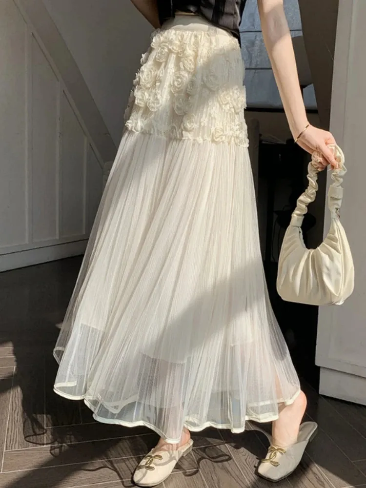 TAVIMART  -  Midi Long Skirt Women Mesh Skirt 2024 Goth Sweet Spring Summer High Waisted  A-Line Solid Floral Pleated Skirts rok