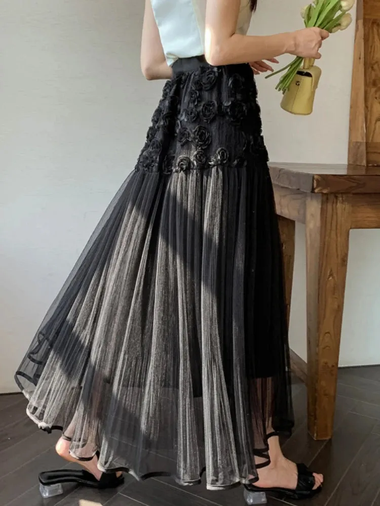 TAVIMART  -  Midi Long Skirt Women Mesh Skirt 2024 Goth Sweet Spring Summer High Waisted  A-Line Solid Floral Pleated Skirts rok