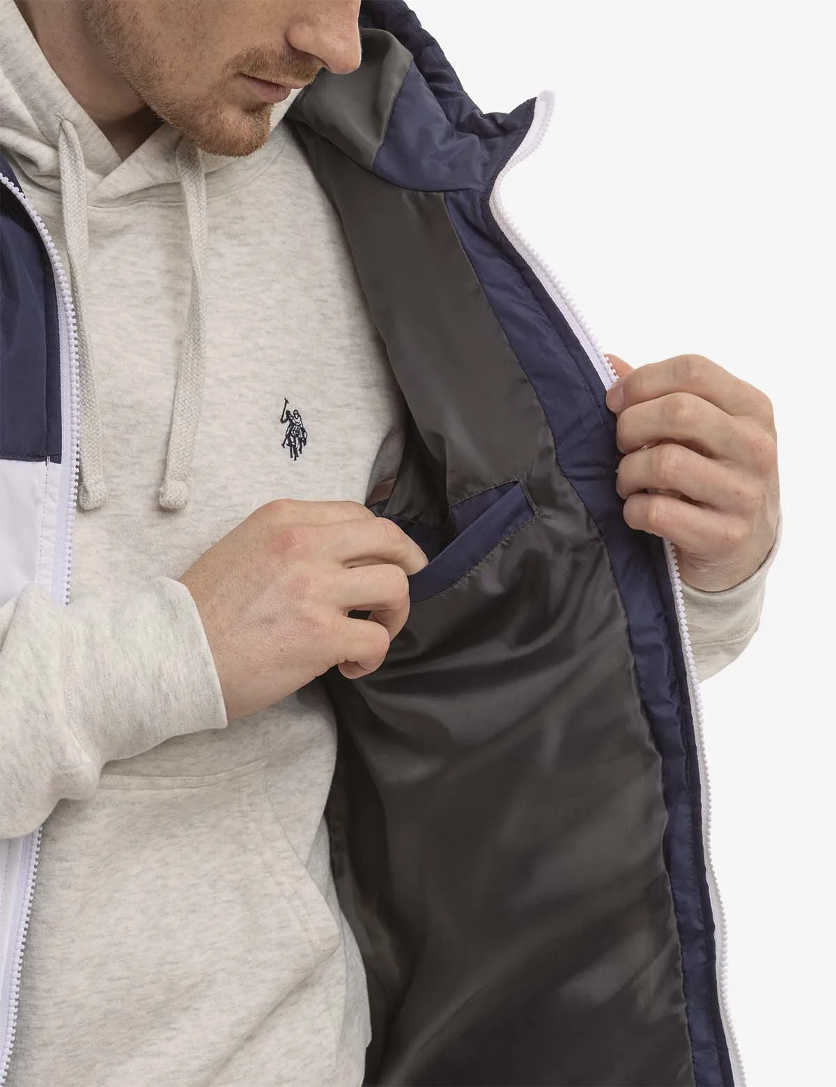 TRI COLORBLOCK HOODED PUFFER VEST