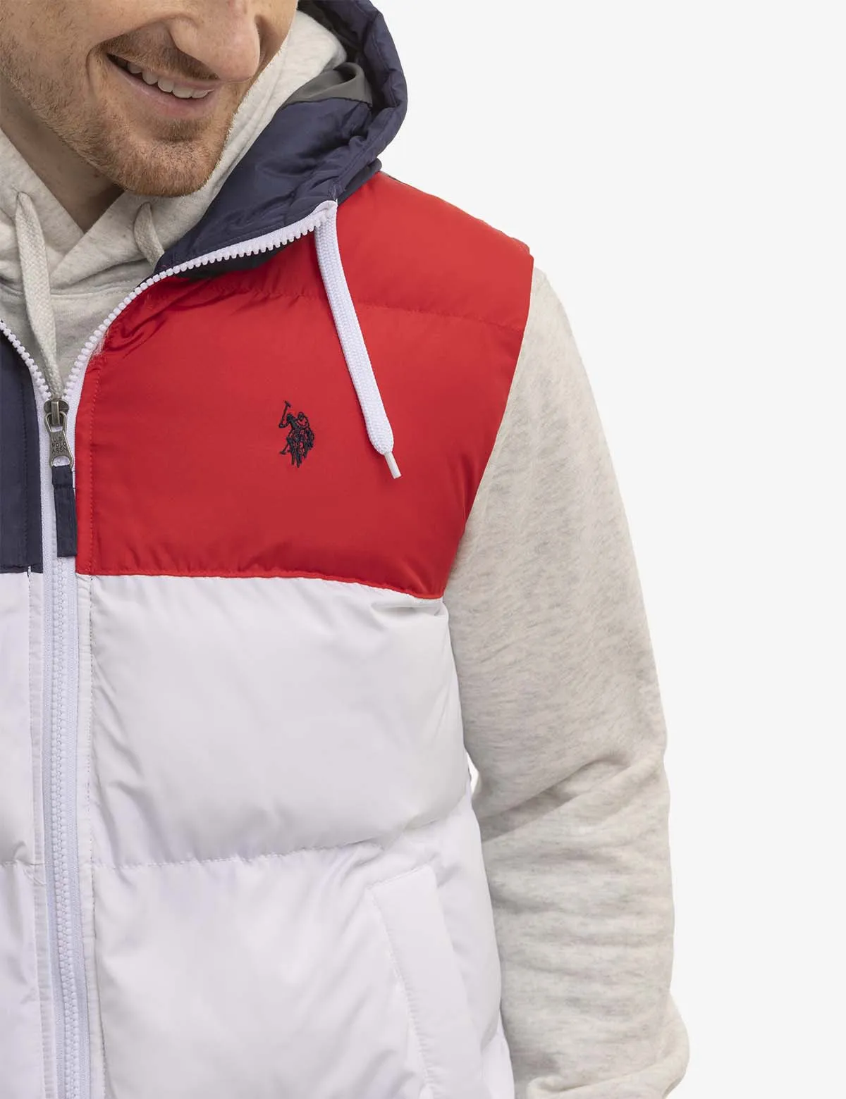 TRI COLORBLOCK HOODED PUFFER VEST