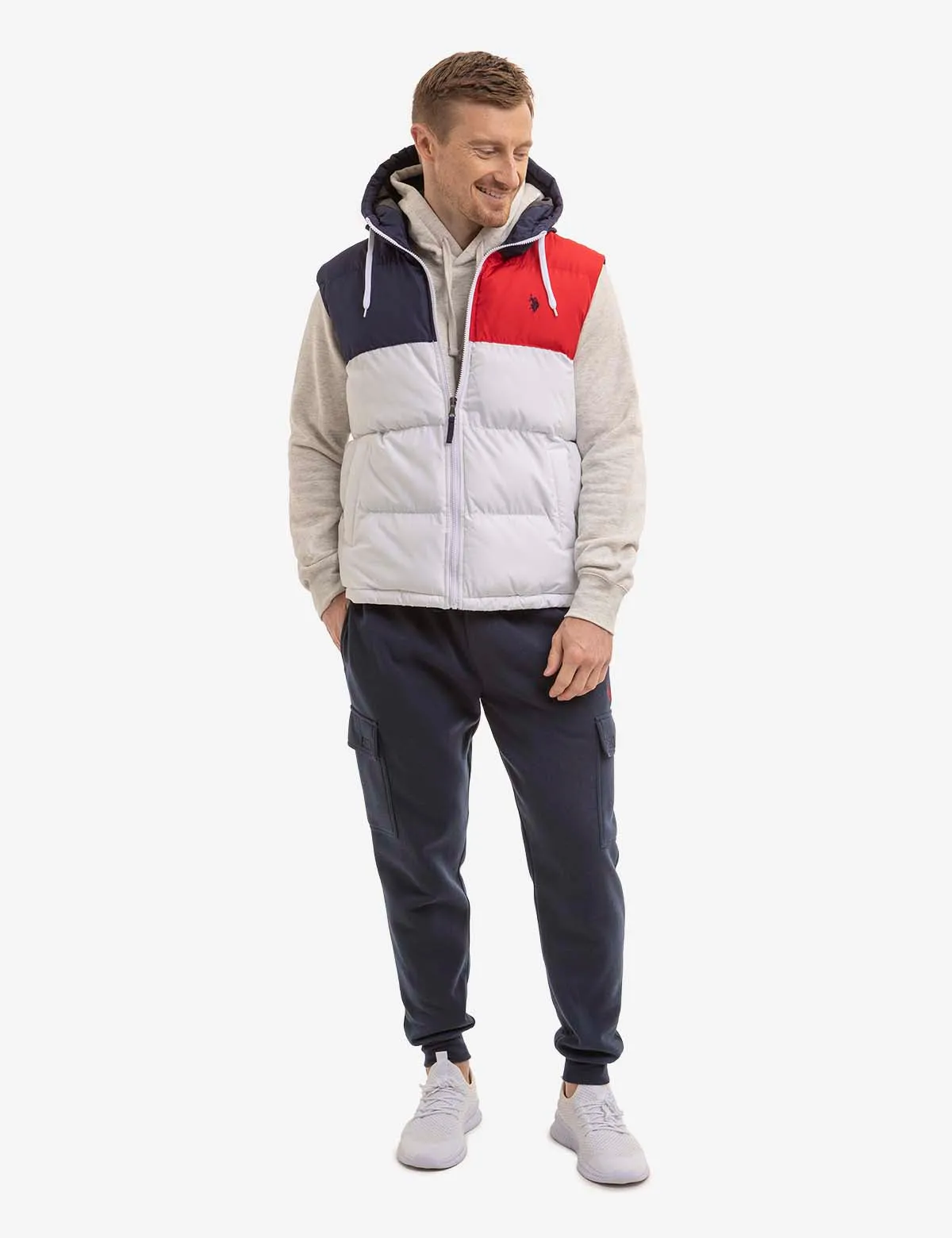 TRI COLORBLOCK HOODED PUFFER VEST
