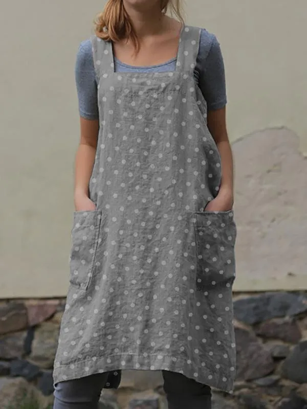 Vintage Cottage Home Garden Double Pockets Polka Dot Apron Pinafore Dress