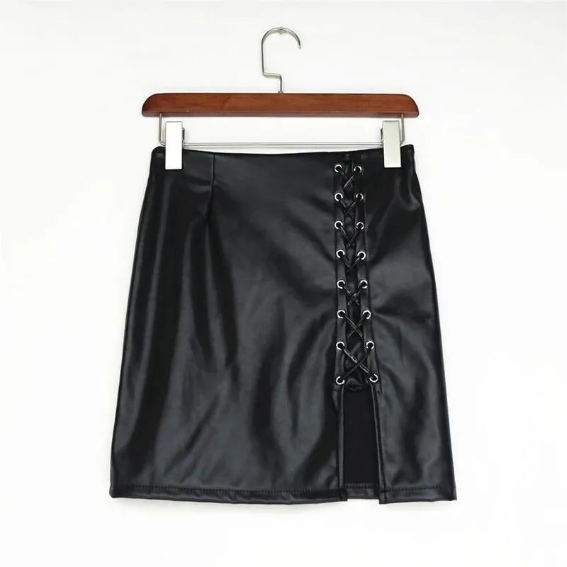 Women Black Skirt in ROCK STYLE / Side Split Pencil Skirts / Black Lace Up PU Leather