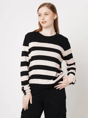 Women Striped Slim Fit BLACK/BEIGE Tshirts