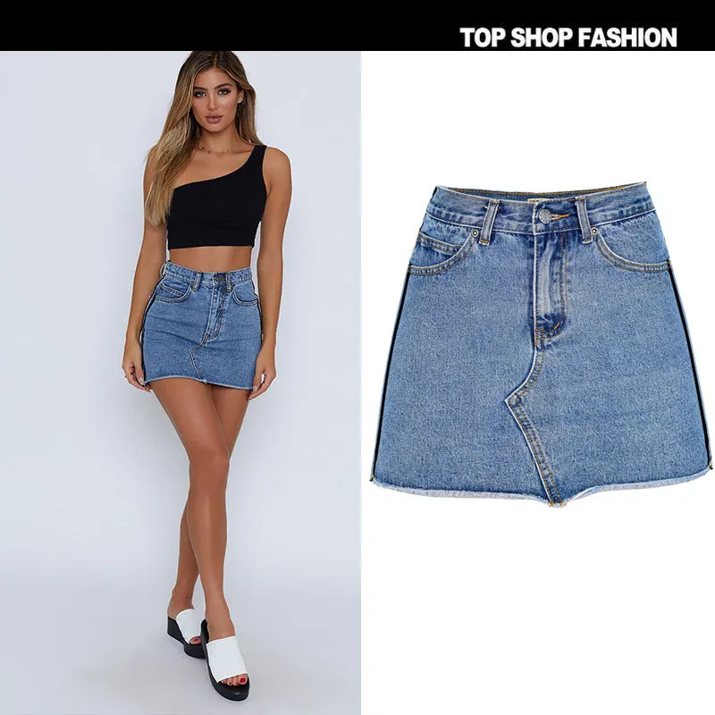 Zipper Packets High Waist Pure Color Slim Short Denim Skirt