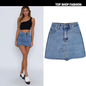 Zipper Packets High Waist Pure Color Slim Short Denim Skirt