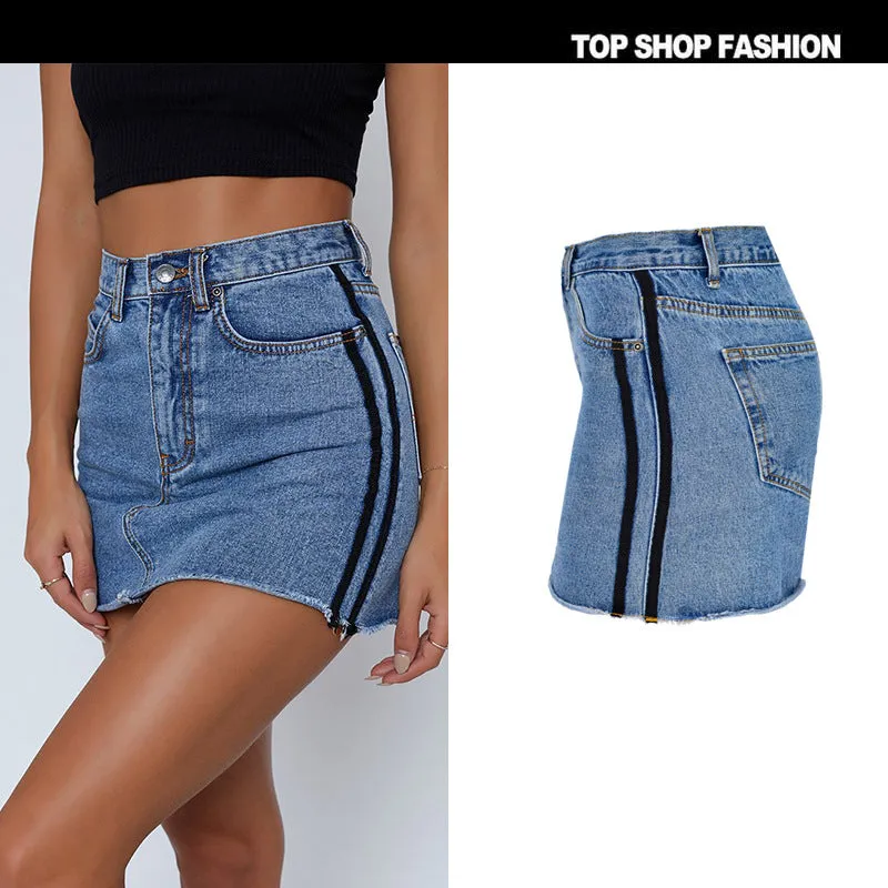 Zipper Packets High Waist Pure Color Slim Short Denim Skirt